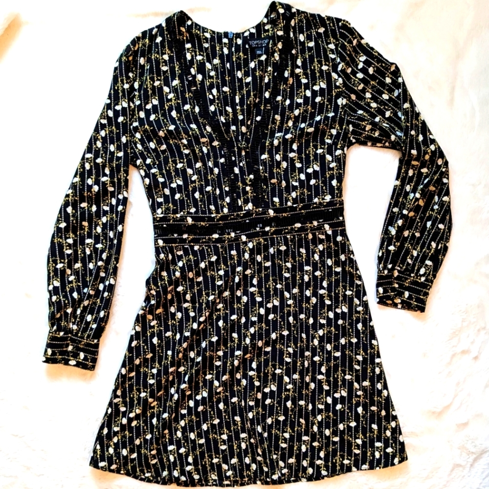 TOPSHOP Perforated Cutouts Vneck Long-sleeved Pinstripe Floral Dress 4 EUC